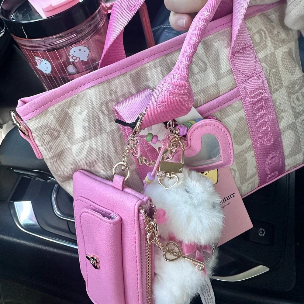 Juicy Couture Beige Pattern Pet Tote with Pink Trim and Plush Charm